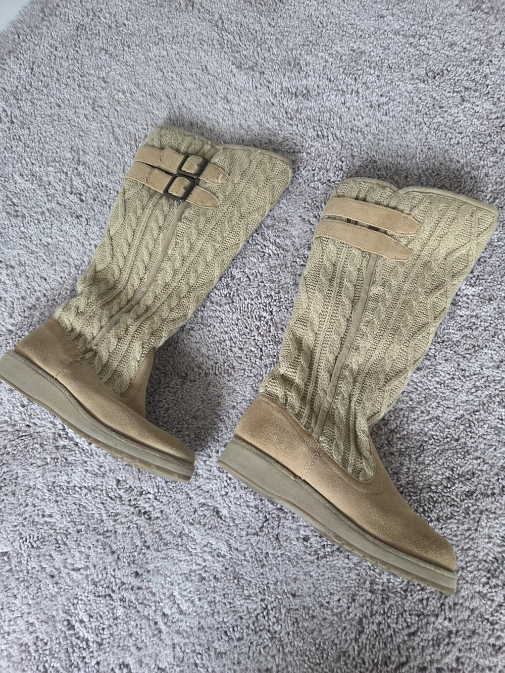 Women's Knit Mid-Calf Buckle Boots in Tan